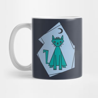 Geometric shape teal cut cat with black half moon Mug